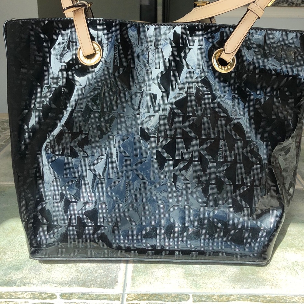 Michael Kors Bags Logo Hand Bag Shiny Black/Tan